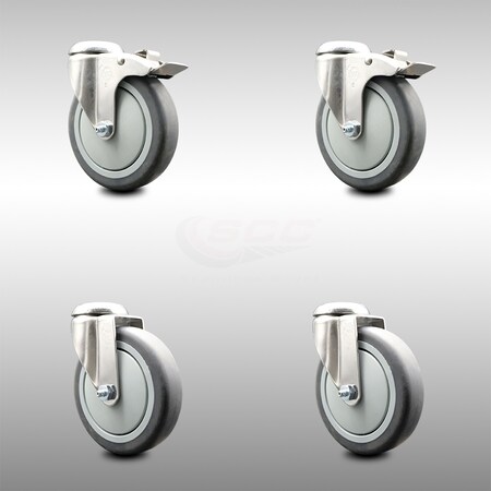 Service Caster 5 Inch 316SS Thermoplastic Rubber Swivel Bolt Hole Caster Set with 2 Lock Brake SCC-SS316BHTTL20S514-TPRB-2-S-2